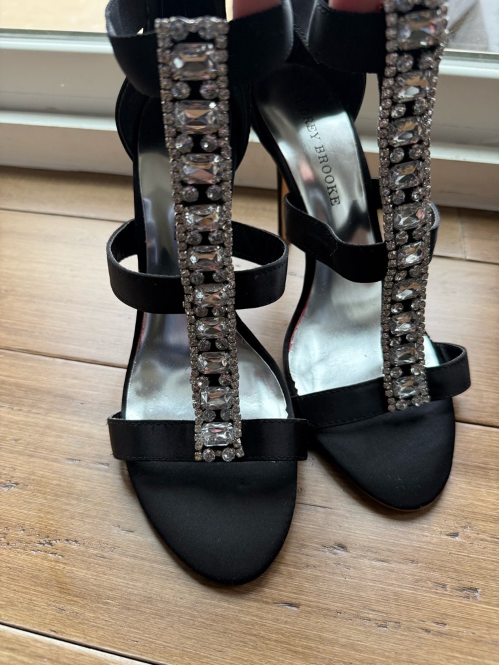 Audrey Brooke Black Satin T-Strap Crystal Heels
